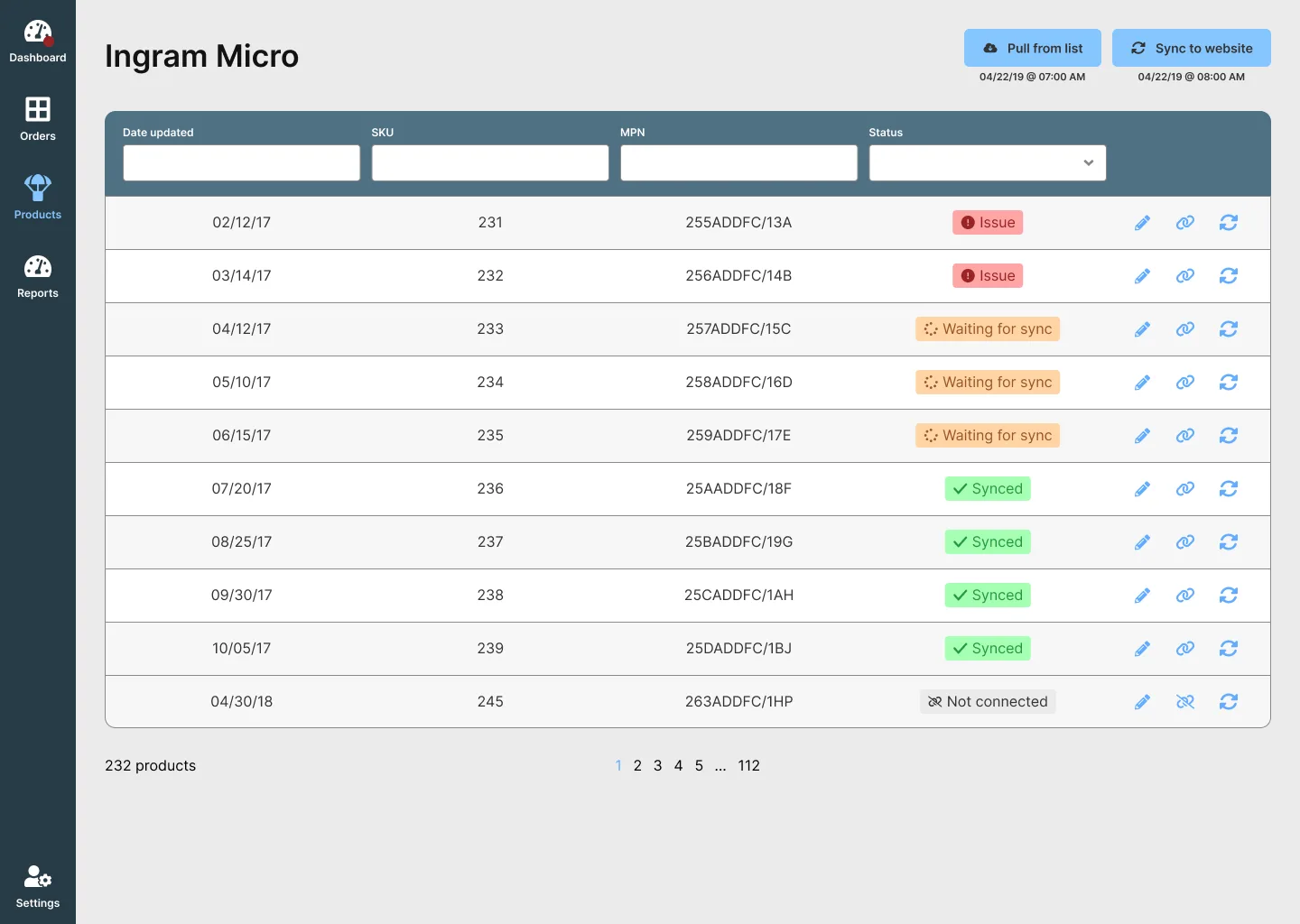 The inventory list with sync controls surfaced