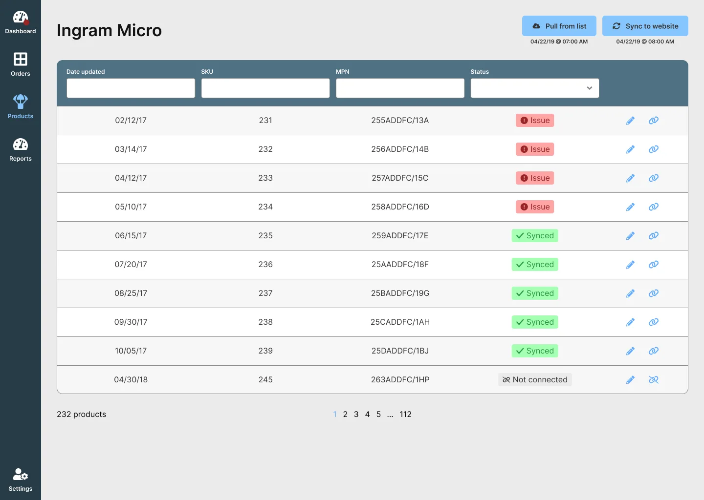 The inventory list before the vendor integration