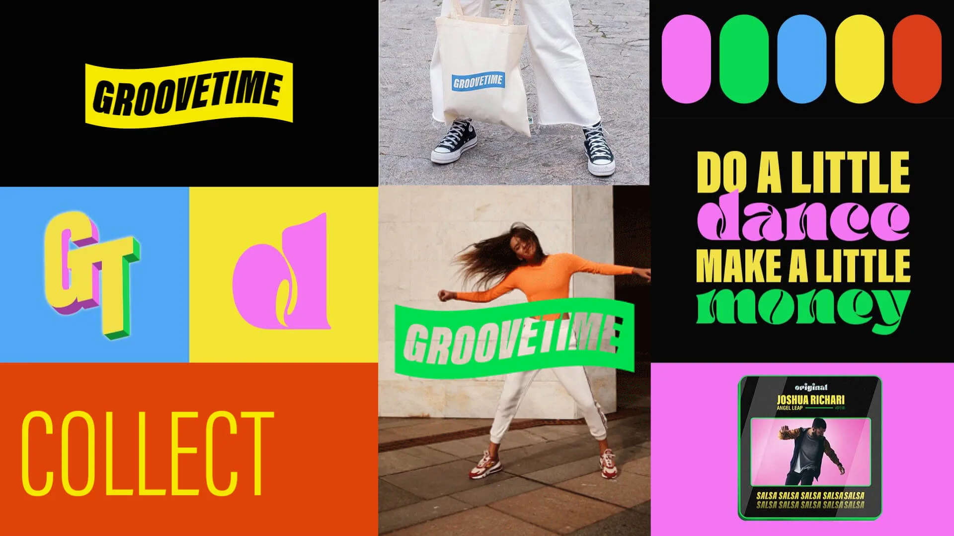 The new brand deck: a grid of bold type, saturated color blocks and photography of dancers
