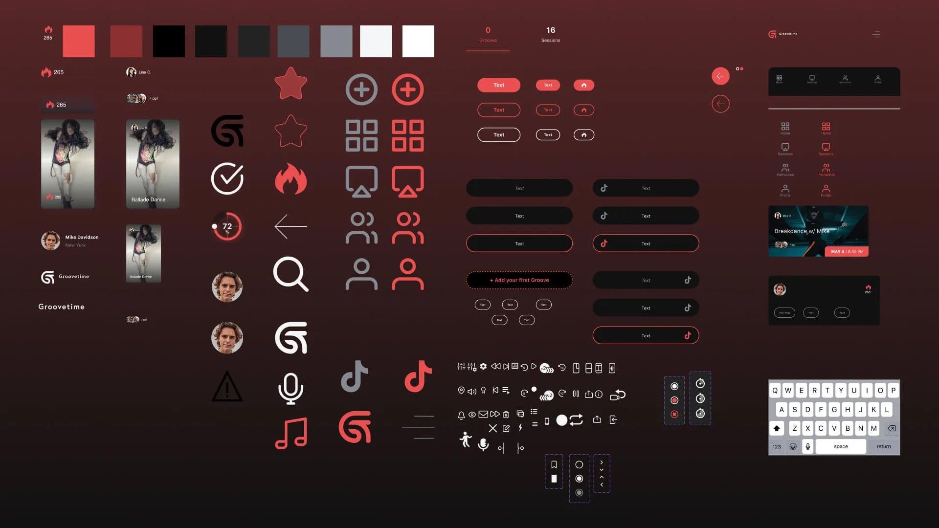 Groovetime's earlier interface: a dense sheet of icons, color chips, buttons and form fields with no shared rules between them